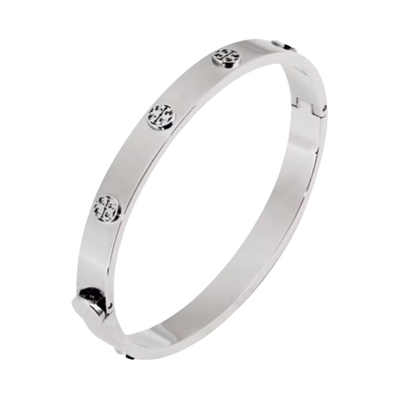 TORY BURCH • Silver 7mm Logo Miller Studded Hinge Bangle Bracelet - Picture 3 of 4